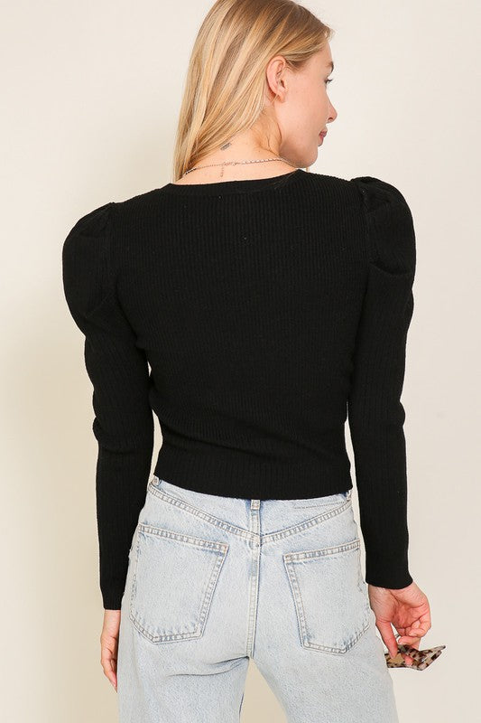 Ribbed Puff Sleeve Knit Top