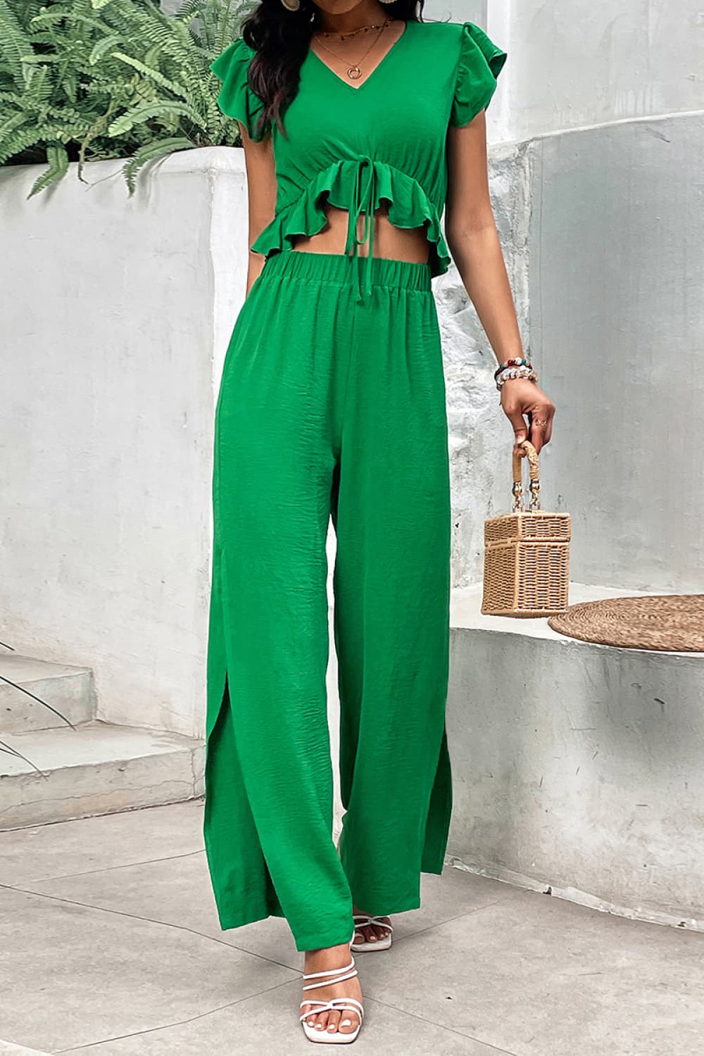 V-Neck Ruffle Hem Top and Slit Pants Set